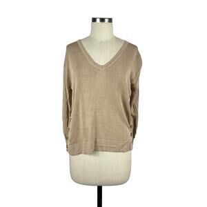 J CREW Tan Brown‎ V-Neck Sweater Side Buttons Linen Blend Women's Size Medium